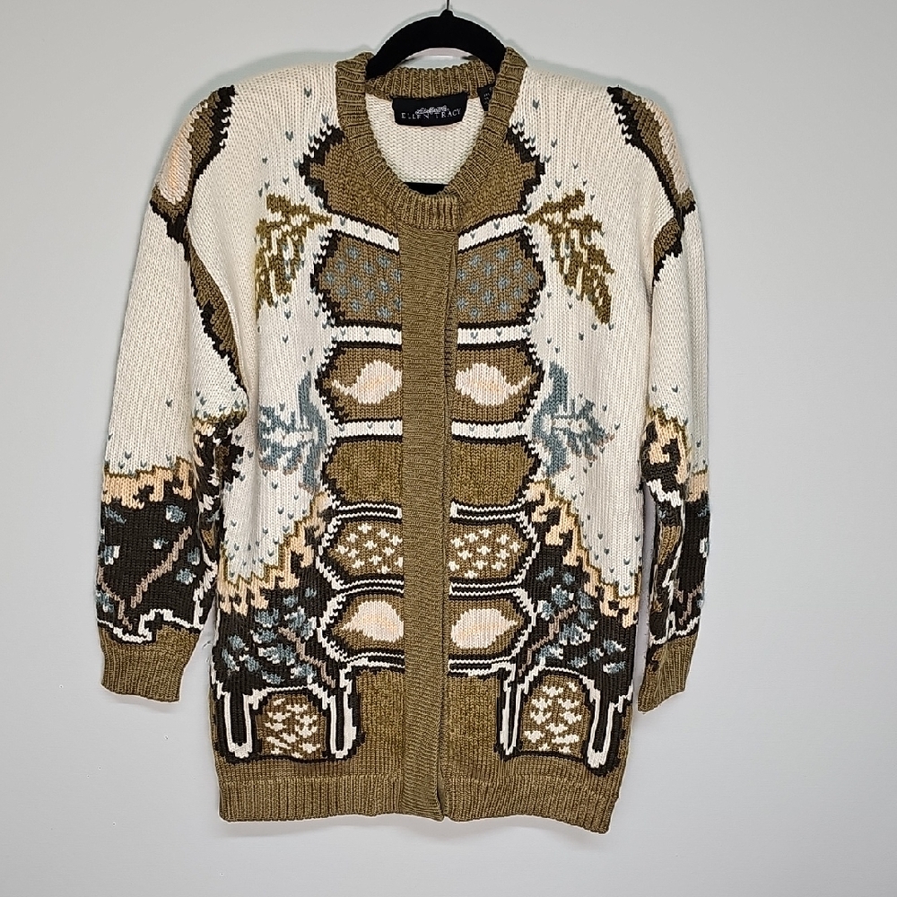90s Linda Attard for Ellen Tracy Fair Isle Cardigan, Wool Mohair, Olive Ivory, S